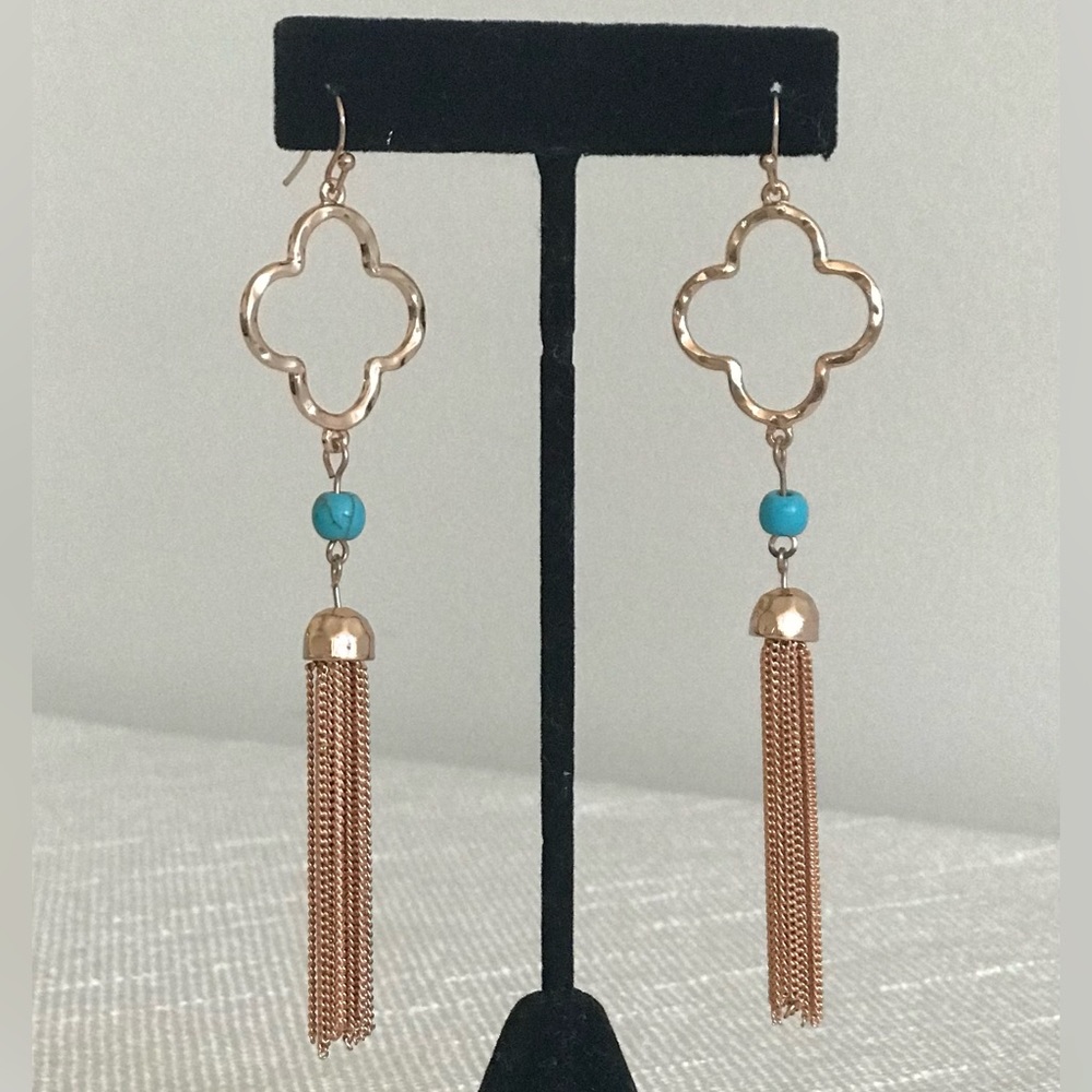 Rose Gold Clover Tassel Earrings with Turquoise Bead - Women Jewelry Earrings